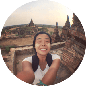 fisheye selfie of emily with temples in the background. location is bagan, myanmar